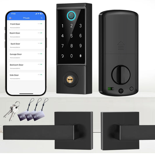 BEBASIA APP Control Fingerprint Lock with Handle, Heavy Duty Smart Keyless Entry Front Door Lock Set, Keypad Deadbolt with Lever Handles, Smart Locks for Front Door, Anti-Peeping Password Black