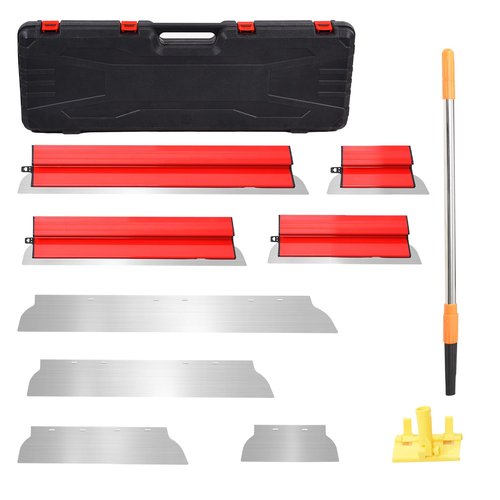 Drywall Skimming Blade Set - |10" 16" 24" 32" Multi-Size Smoothing Spatula Set | Stainless Steel Drywall Taping Knife | Wall Finishing Tool Kit With Extension Handle & Replacement Blades（Red)