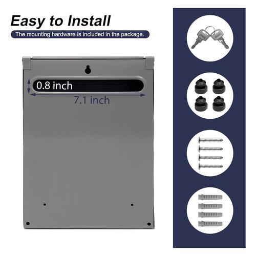 Wall Mount Mailbox with Key Lock, Large Capacity Metal Mailbox for Home or Office, Weatherproof Steel Postbox, Secure Drop Box for Packages and Mail, 11.8" x 8.5" x 2.8" (Gray)