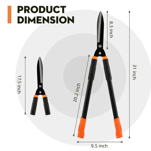 Garden Hedge Shears, 31-Inch Adjustable Garden Shears with 14° Angle Precision Blades. For Trimming/Shaping Hedges and Shrubs，Black/Orange