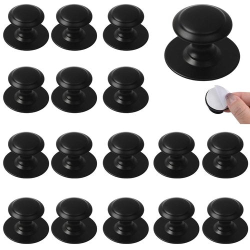 16 Pcs Self-Stick Drawer Knobs, 1.18 Inch Round Instant Cabinet Handle Pulls, Stainless Steel Adhesive Sliding Door Stick On Handle with Mounting Screws for Cabinet Cupboard Drawer (Matte Black)
