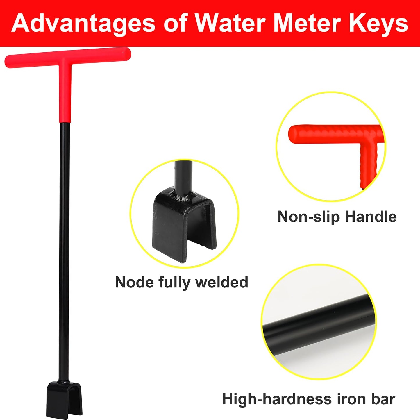 Manalete 17 Inch Water Meter Key with 4-Way Utility Key - Heavy-Duty Water Shut Off Tool for Curb Main, Underground Stop/Waste, Enforced Rebar Steel, T-Handle & U-Head