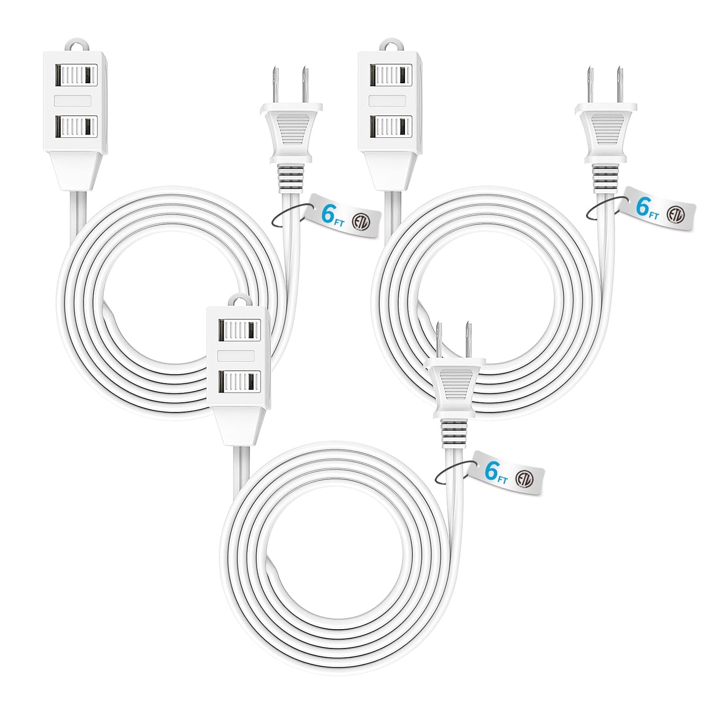 TiFFCOFiO Indoor Extension Cord, 2 Prong 6 Feet Extension Cord, 3 Polarized Outlets with Safety Slide Windows,13A/1625W, 16 AWG, 3 Packs