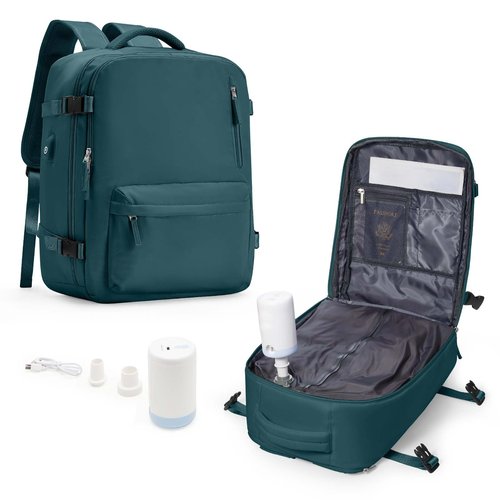 Vacuum Storage Travel Backpack with Air Pump Carry on Flight Approved Compression Vacpack Waterproof Airback with Vacuum System Airplane Travel Essentials Daypack Laptop Space Saver Bags PeacockBlue