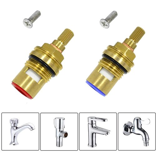 Huashan Replacement Brass Ceramic Disc Stem Cartridge Faucet Valve Quarter Turn 1/2" X 53mm x 12mm spline length 20 teeth(PAIR Hot & Cold)