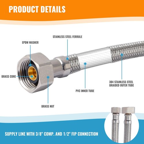 (2 Pack) SUNGATOR 16 Inch Faucet Supply Lines, 3/8" Female Comp Thread x 1/2" FIP Thread Sink Hose, 16" Stainless Steel Braided Faucet Supply Line for Bathroom, with 2 Wrenches and 1 Sealing Tape