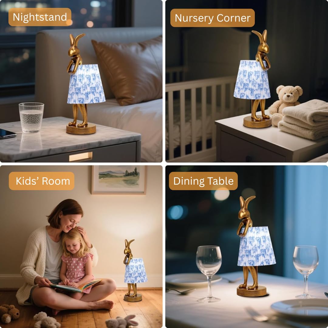 ZenithLight Rabbit Table Lamp Rechargeable, Cordless LED with Linen Shade and Gold Resin Base, Touch Dimmable Wireless Lamp for Bedroom Nightstand Kids Room Nursery Living Room - Pattern