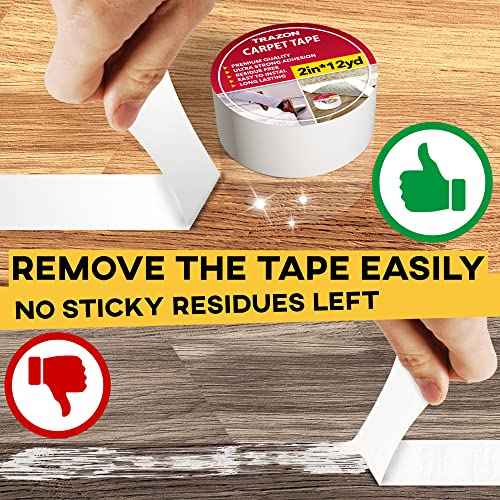 Carpet Tape Double Sided - Rug Tape Grippers for Hardwood Floors and Area Rugs - Carpet Binding Tape Strong Adhesive and Removable, Heavy Duty Stickers Grip Tape, Residue Free (2 Inch / 12 Yards)