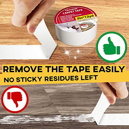 Trazon Double Sided Carpet Tape 2 Inch / 12 Yards Heavy Duty Rug Gripper for Hardwood Floors & Rugs