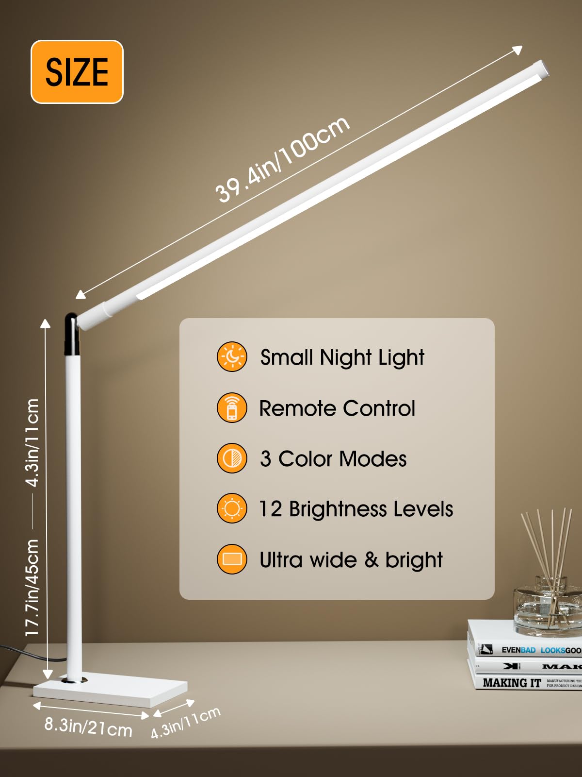 LEDLAY 39.4" LED Desk Lamp for Home Office, Eye Caring Architect Desk Light with Remote, 3 Color Modes & 12 Brightness Levels, Adjustable Height 17.7"-27.6", Study Lamp for Reading/Work (White)