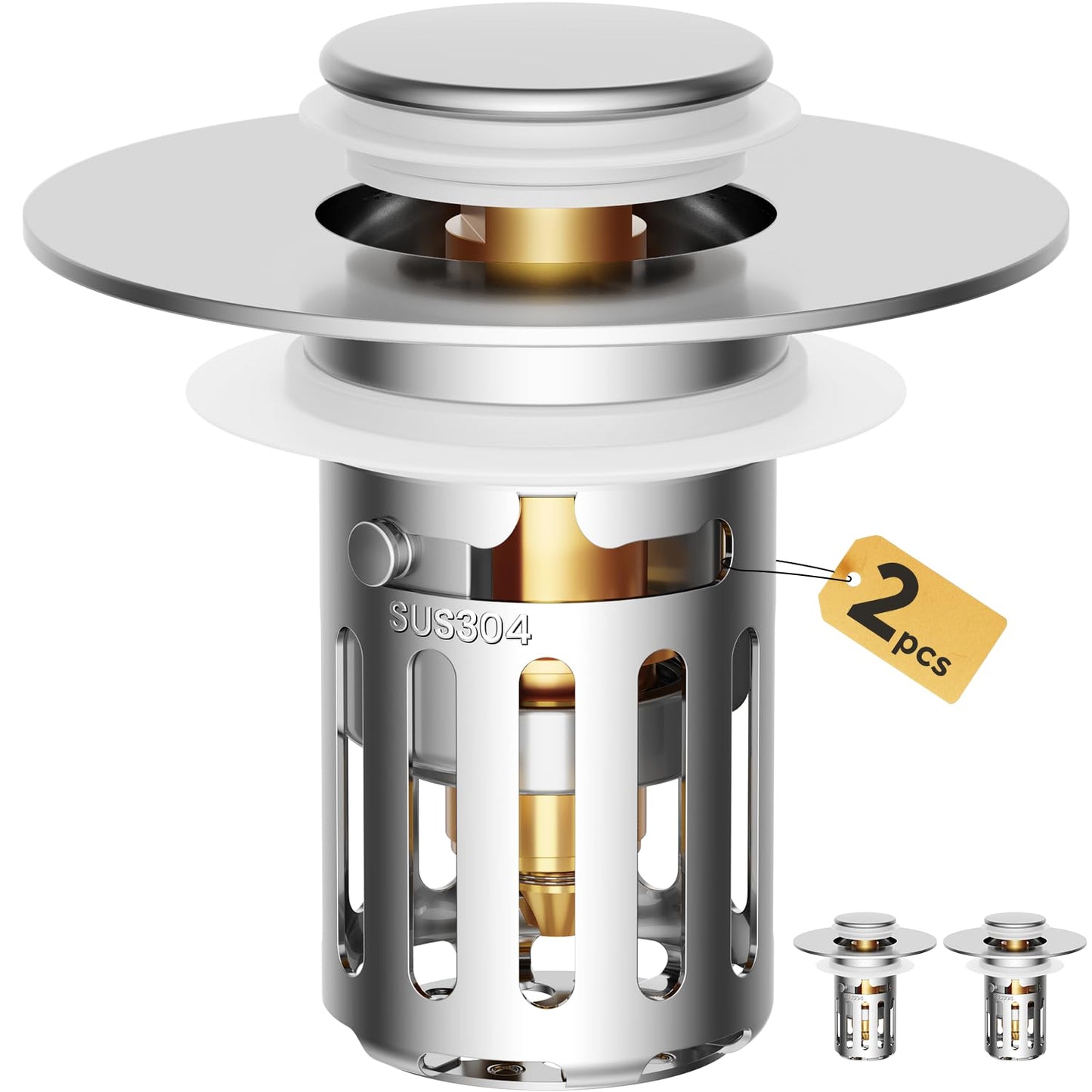 5-in-1 Bathroom Sink Stopper, 2 Pc Pop-Up Drain Stopper with Removable Hair Catcher, Anti-Clog Strainer, Odor Blocking & One-Way Flow Design, Brass & Stainless Steel All Metal Made, Fit 1.1"–2.36"