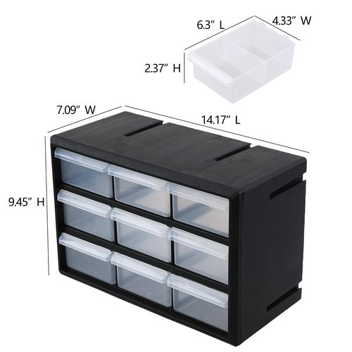 Leendines Hardware and Craft Drawer Cabinet, 9 Drawer Plastic Parts Storage Cabinet, Black