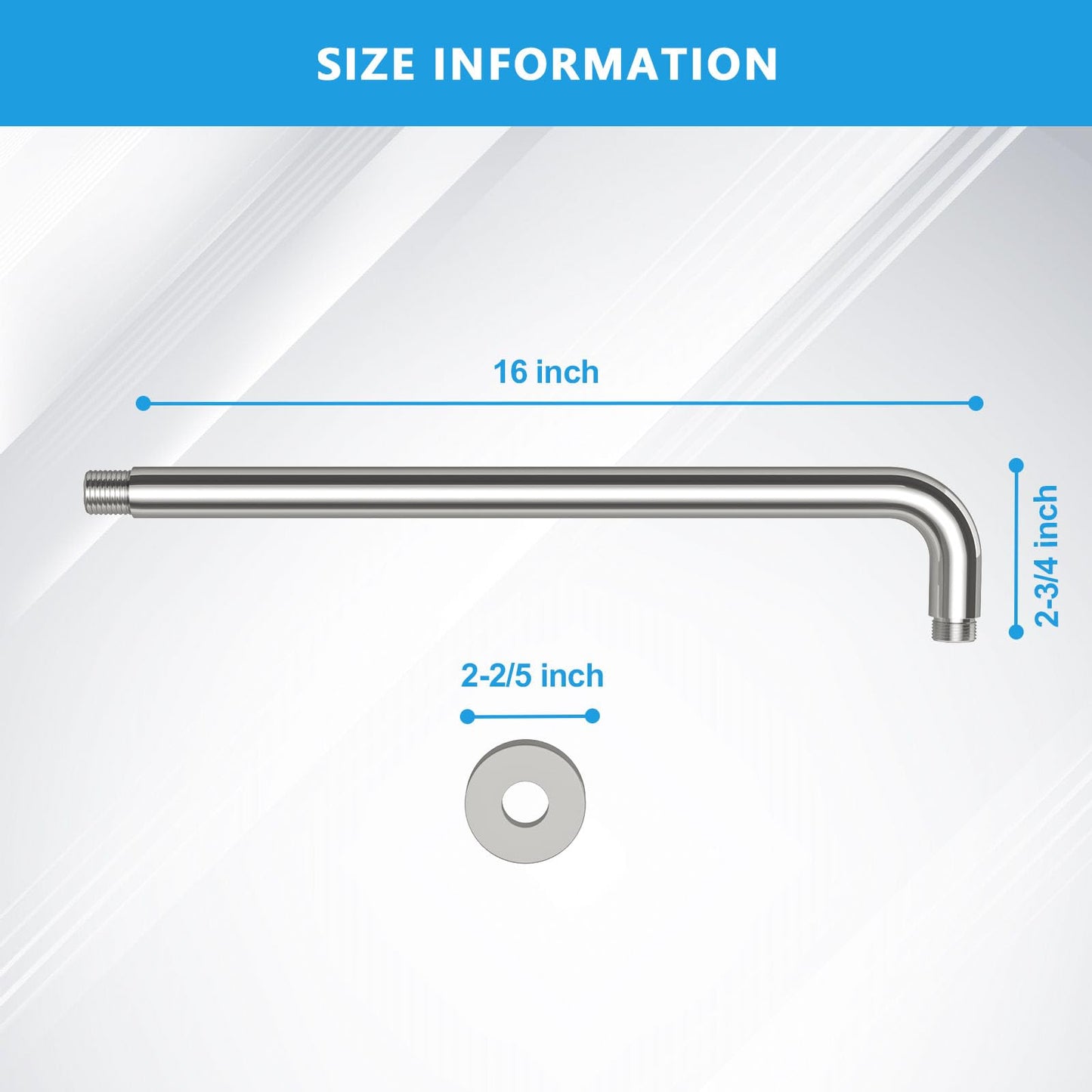 Lordear Shower Arm Chrome 16 Inch Shower Extension Arm L Shape Polished Chrome Stainless Steel Long Shower Head Extension Tube, Shower Extender Arm with Flange