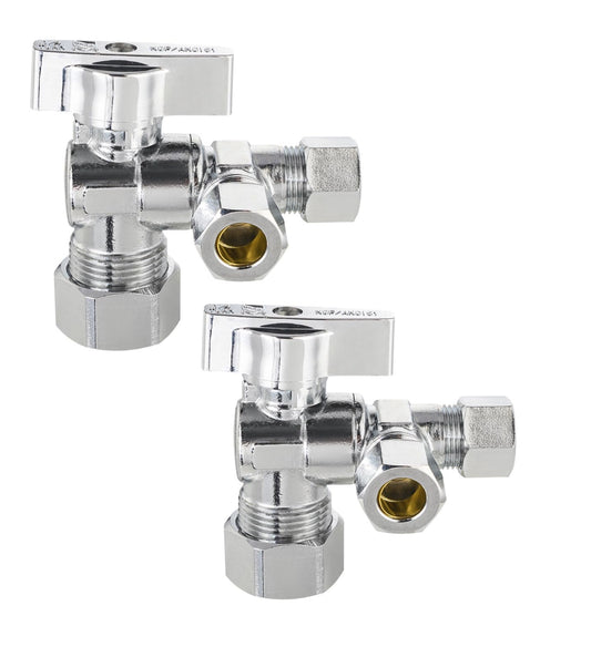 (Pack of 2) EFIELD 1/4 Turn Dual Compression Outlet Angle Stop Valve,1/2" NOM (5/8" OD) x (3/8 inch x 3/8 inch), Chrome Plated Brass Made,(VALVE206)