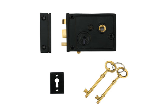 STALLION HARDWARE Black Powder Coated Horizontal Iron Rim Lock – Weather Resistant & Durable for Doors, Cabinets, & Cupboards and Sheds, Complete Locking Set with Vintage Style & Secure Operation