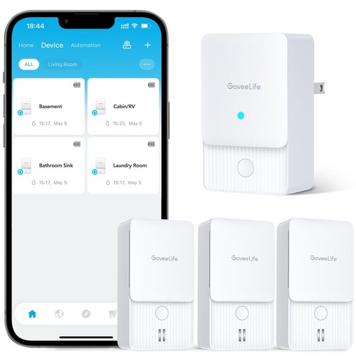 GoveeLife WiFi Water Leak Detector 2 for Home, Smart Water Ieak Sensor 3 Pack with 100dB Adjustable Alarm and App Alerts, LoRa Up to 1968ft Open-Air Transmission Range for Basement, Kitchen, Bathroom