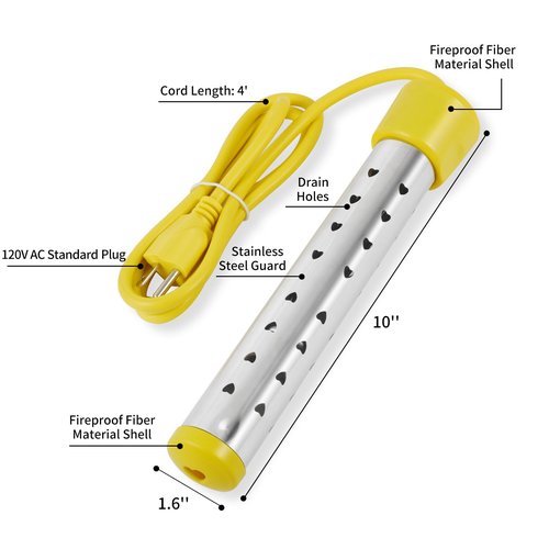 Portable Immersion Water Heater with Stainless Steel Cover, Anti-scalding Bucket Heater, Quick Heating Immersion Heater for Indoor & Outdoor (1 Pcs, Yellow)