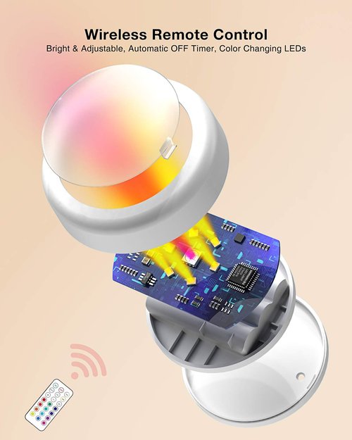 SEMSMOKS Puck Lights with Remote Control, Battery Operated LED Push Light Wireless, 13 Color RGB - for Closet, Bedroom Wall, Under Cabinet, Battery Powered Puck Lights. Convenient 3M Stick On, 6 Pack