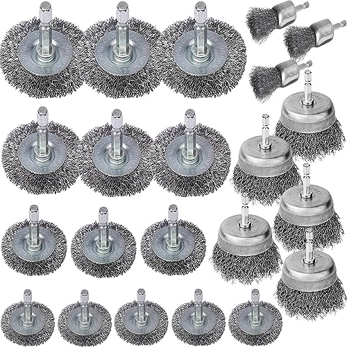 Cup Brush Set - Wire Brush for Drill, 1/4 Inch Hex Shank, Coarse Carbon Steel Crimped Wire Wheel for Rust Cleaning