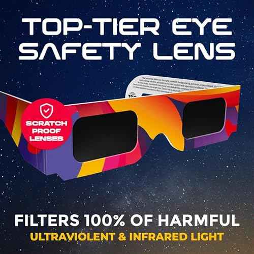 Solar Eclipse Glasses Approved 2024, (10 Pack) CE and ISO Certified Solar Eclipse Observation Glasses, Safe Shades for Direct Sun Viewing, Bonus Smartphone Photo Filter Lens, Blue Stars Design