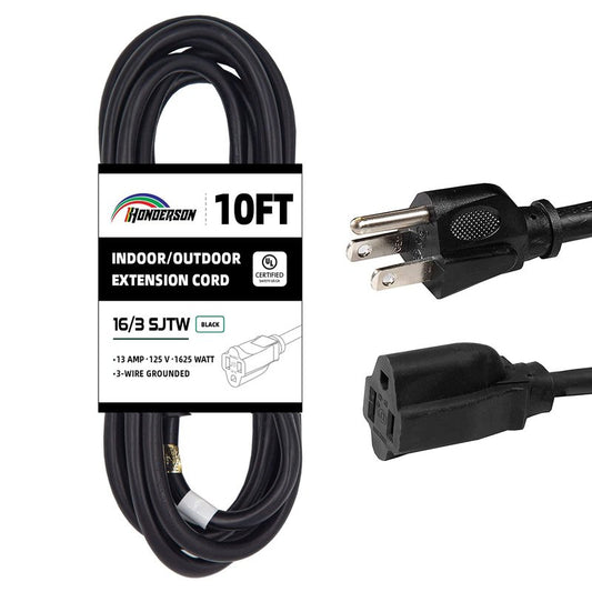 HONDERSON 10FT Outdoor Extension Cord-16/3 SJTW Durable Black Extension Cord for Christmas Lights with 3 Prong Grounded Plug for Safety,Great for Outside Christmas Decorations