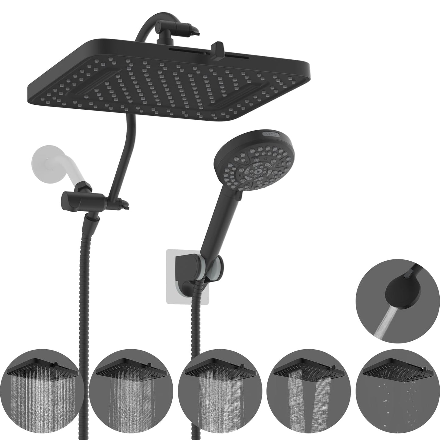 Hibbent cUPC Certified High Pressure 13'' Dual Shower Head Combo with 10-mode Handheld Spray, Rainfall 5-spray Shower Head, 12'' Adjustable Extension Arm, 71'' Hose, Showerhead Holder, Matte Black