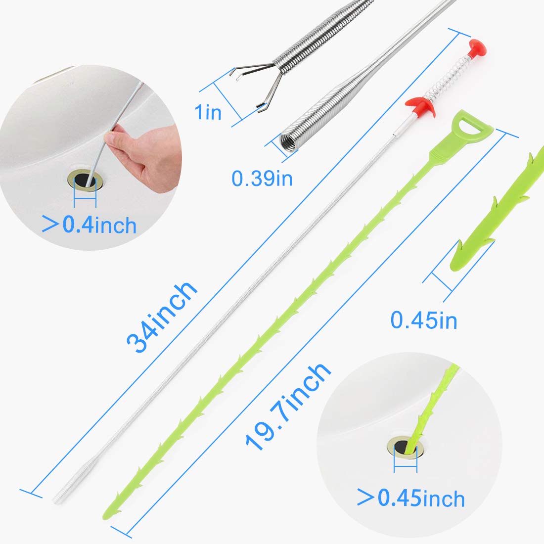 Snake Drain Hair Clog Remover Tool,34 Inch Stainless Steel Claw and 3 Pack 19. 7 Inch Plastic Sink Unclogger Tool, Sink Drain Cleaner for Kitchen, Tub Toilet (3+1)
