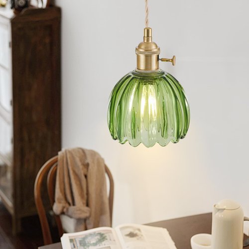 Mini Pendant Lights Kitchen Island 2 Pack, Small Adjustable Pendant Light Fixture with Green Tulip Glass Lampshade, Vintage Gold Pendant Lighting, Pendant Light for Bedroom Dining Room Hallway