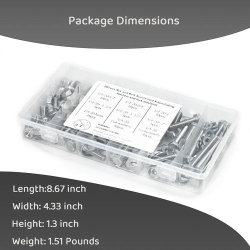 LUPANTER 180 pcs SAE Stainless Steel Nuts and Bolts Assortment Kit, Including 6 Sizes 1/4-20 Hex Bolts,Flat Washers, Lock Washers. Packaged by Plastic Box, Made by 304 Stainless Steel