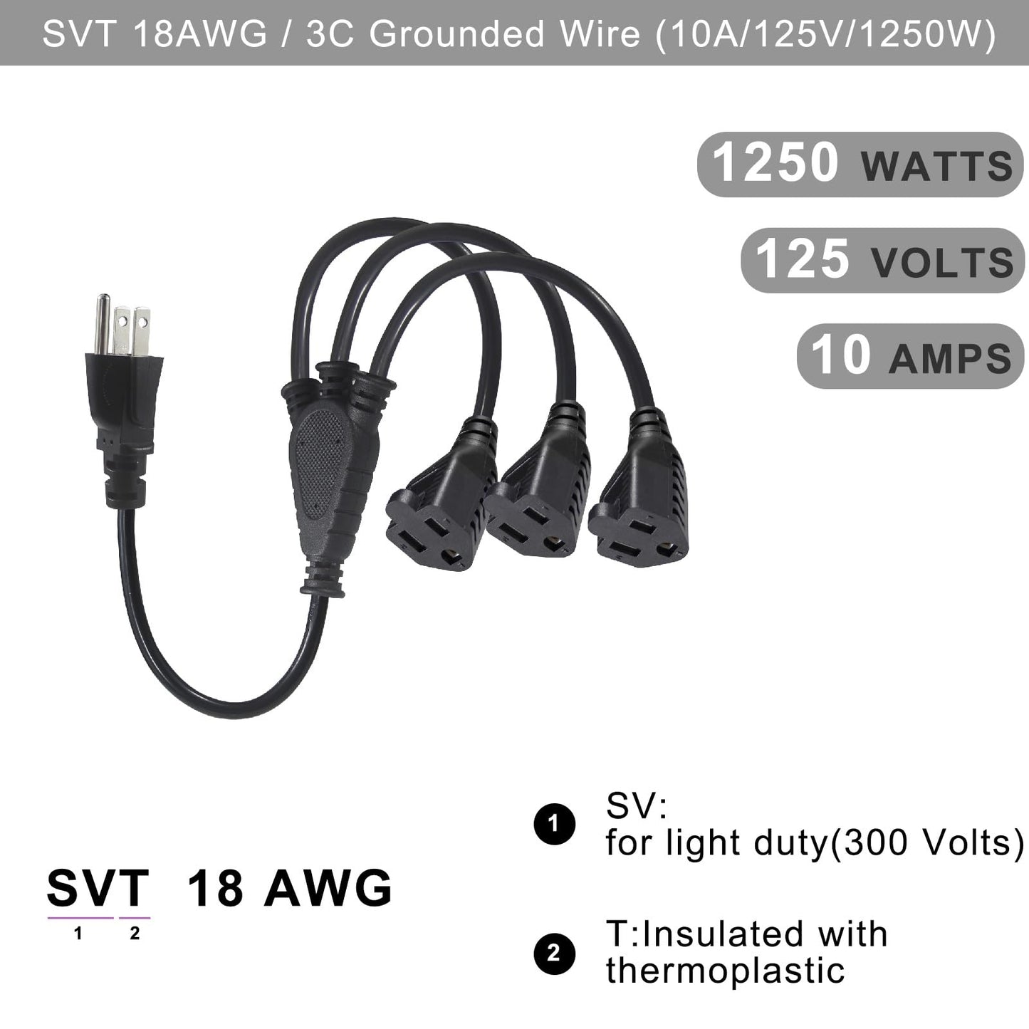 KUNCAN 3-Way Splitter Extension Cord - 3 Prong 1 to 3 Way Power Splitter, 1FT 18AWG 10A/1250W, NEMA 5-15P to 3X NEMA 5-15R Y Style 3-Outlet Extension Cord for Home, Room, Office(Black 1-Pack)