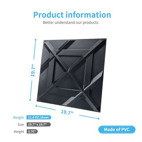 Art3d PVC 3D Wall Panel, Decorative Wall Tile in Black 12-Pack 19.7"x19.7"
