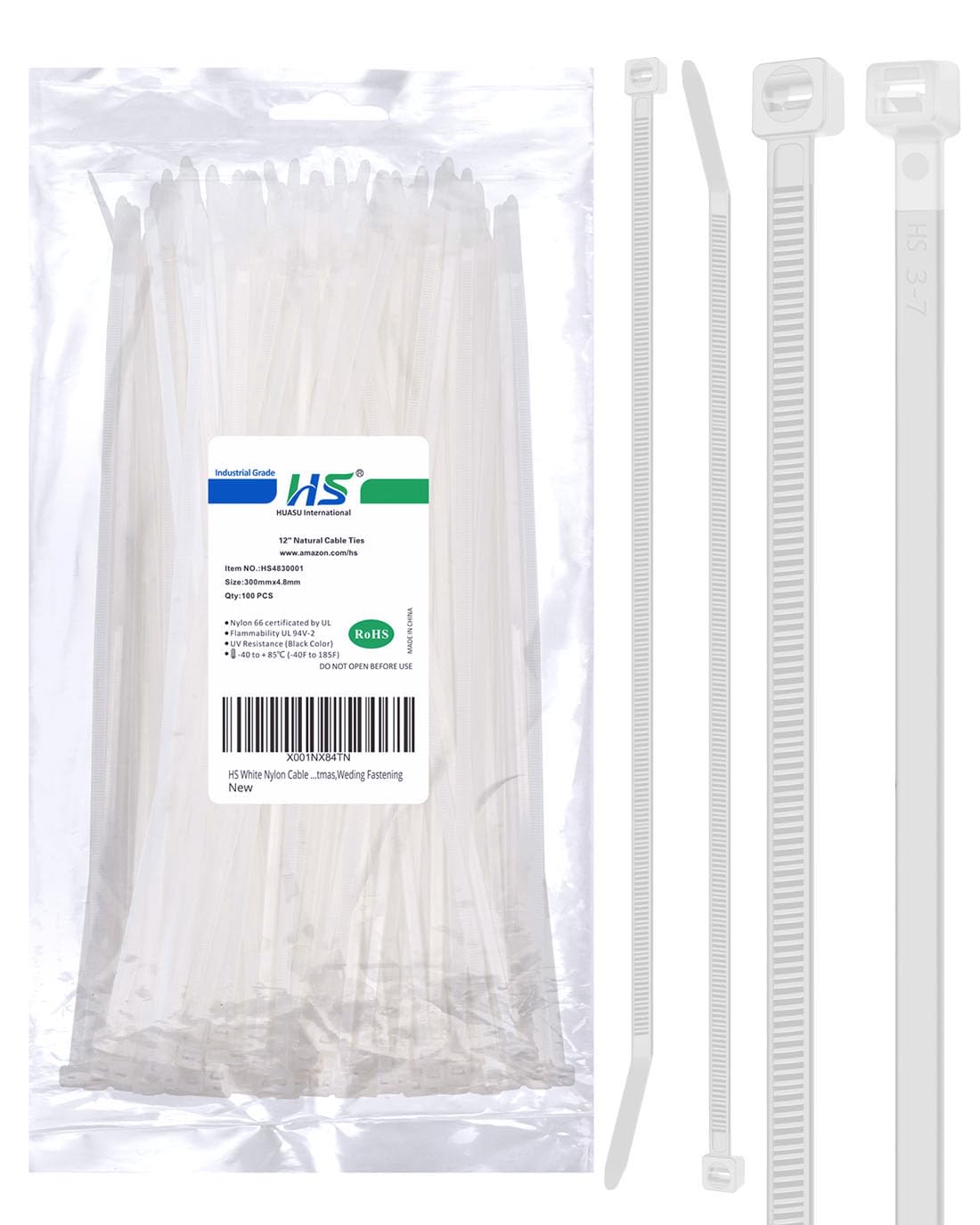 HS Long Zip Ties 12 Inch Clear 0.19" Nylon Cable Ties Heavy Duty 50 Lbs Strength Strong for Privacy Fence Outdoor,Electrical Plastic Tie Straps Weather Resistant 100 Pcs White