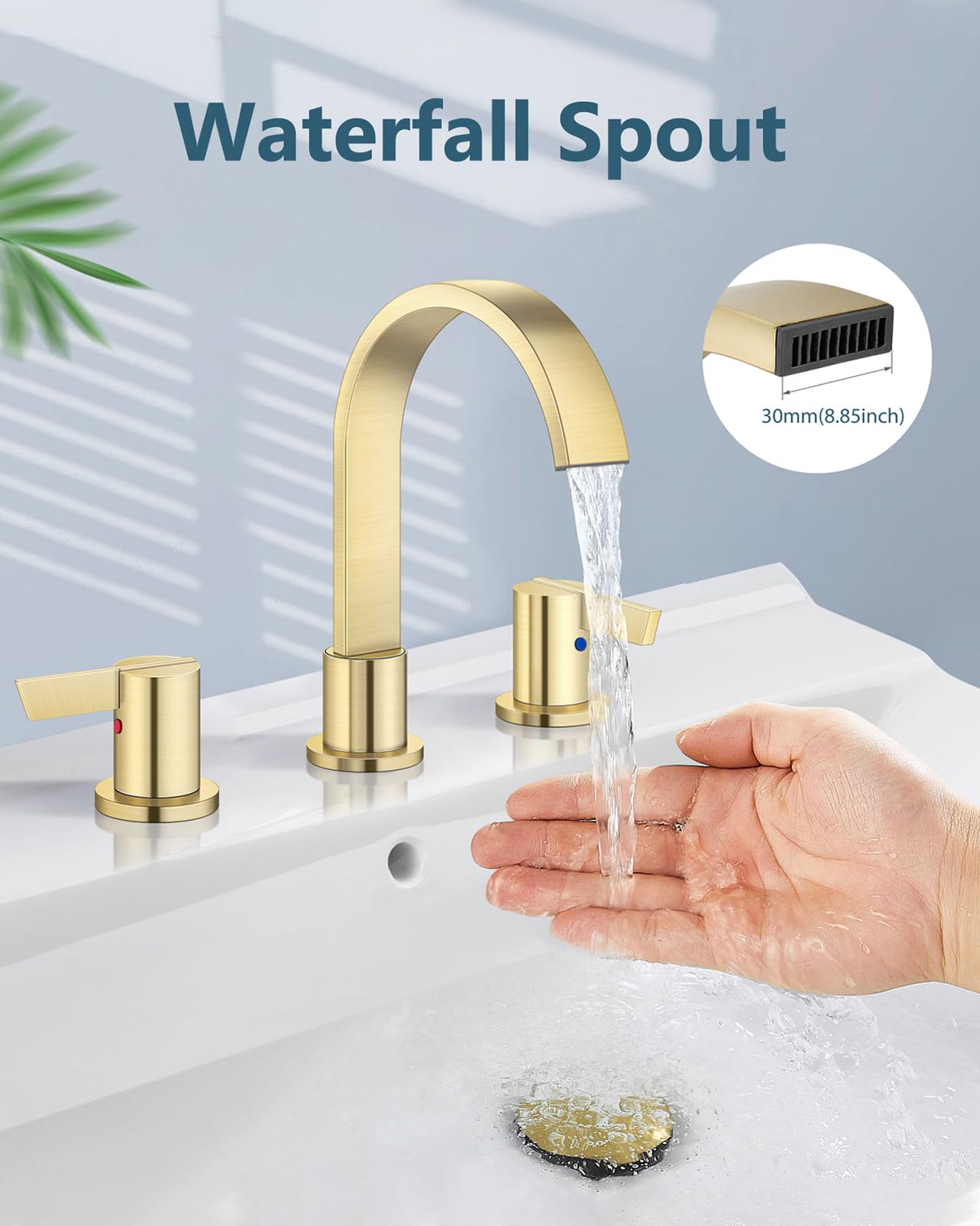 Aolemi 3 Hole Bathroom Faucet, 8 Inch Widespread Waterfall Sink Faucet, 2 Handle Vanity Faucet with Pop Up Drain and Supply Lines, Brushed Gold