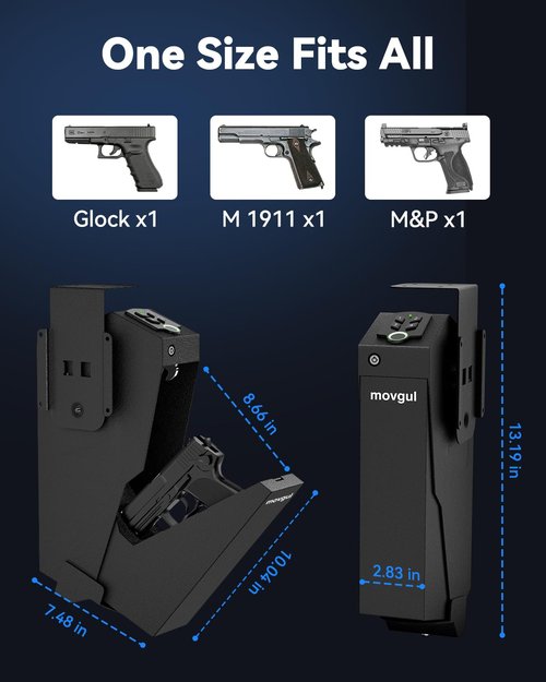 movgul Gun Safe, Biometric Drop Down Bedside Gun Safe Quick Access Handgun Safe Mount Pistol Safe for Desk, Car, Nightstand