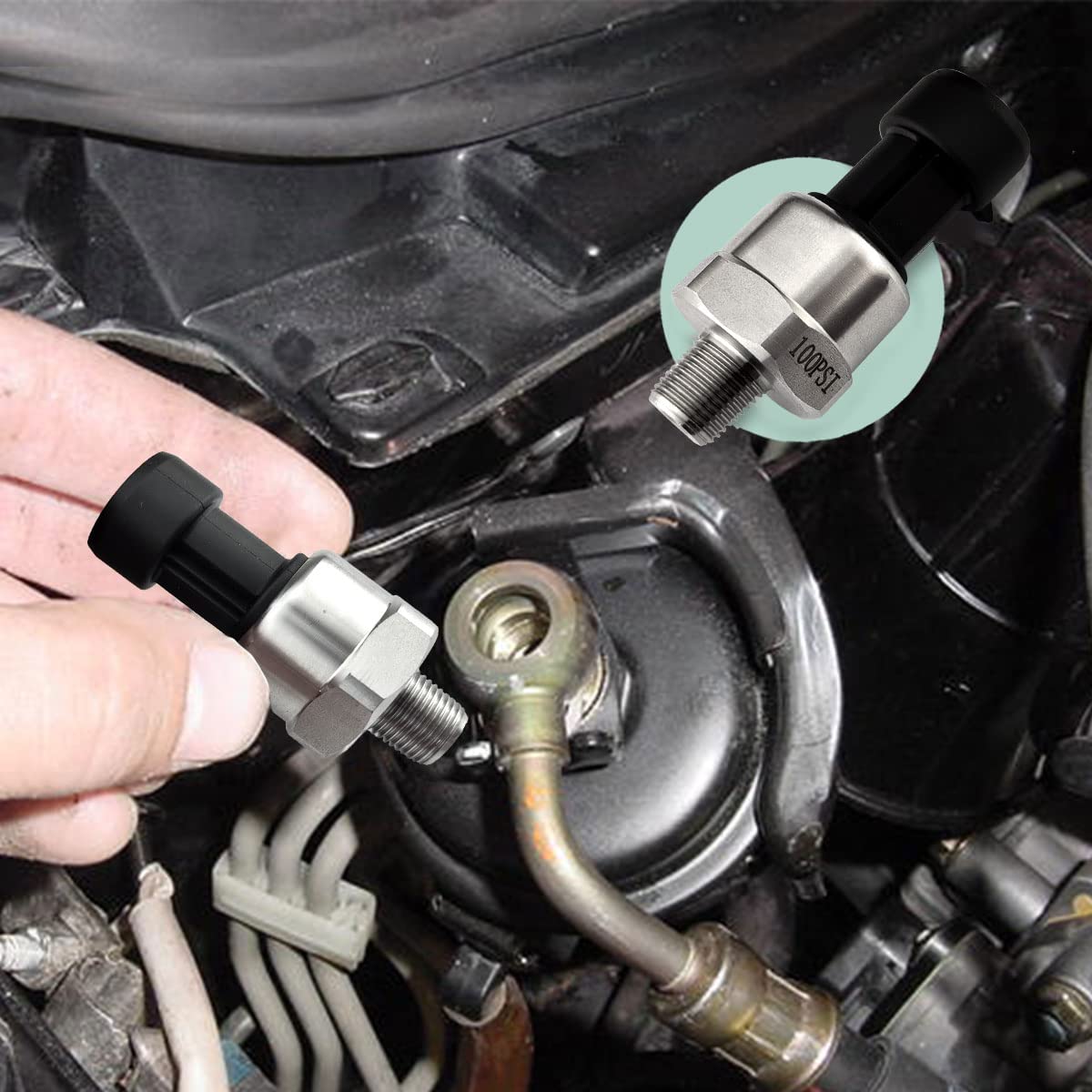 Pressure Transducer Sender Sensor with Connector, 1/8"NPT Thread Stainless Steel Fuel Pressure Sensor for Oil Fuel Air Water (100PSI)