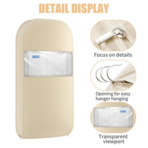 2Pcs Space Saving Hanging Garment Bag with Self Compression Zipper, Dustproof Clothes Storage Cover with Clear Window for Down Coats, Suits, Jackets, Closet Organizer (Beige, 52"x23"x6")