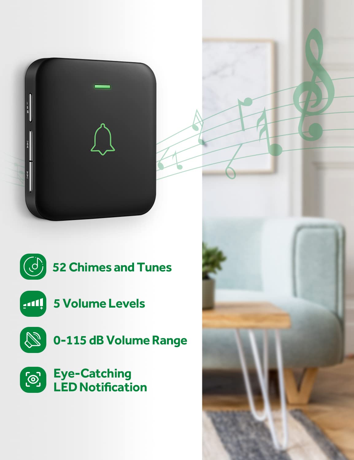 AVANTEK Wireless Door Bell, BA-11 Waterproof Battery Operated Doorbell Chime Operating at 1000 Feet, Portable Door Chime kit with 52 Melodies, 5 Volume Levels, and CD Quality Sound