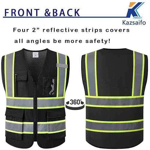 Reflective Safety Vest for Men Women with 5 Pockets and Zipper Front Mesh High Visibility Vest Hi Vis Work Vest,Meets ANSI/ISEA Standards(KZ177-Black-L)