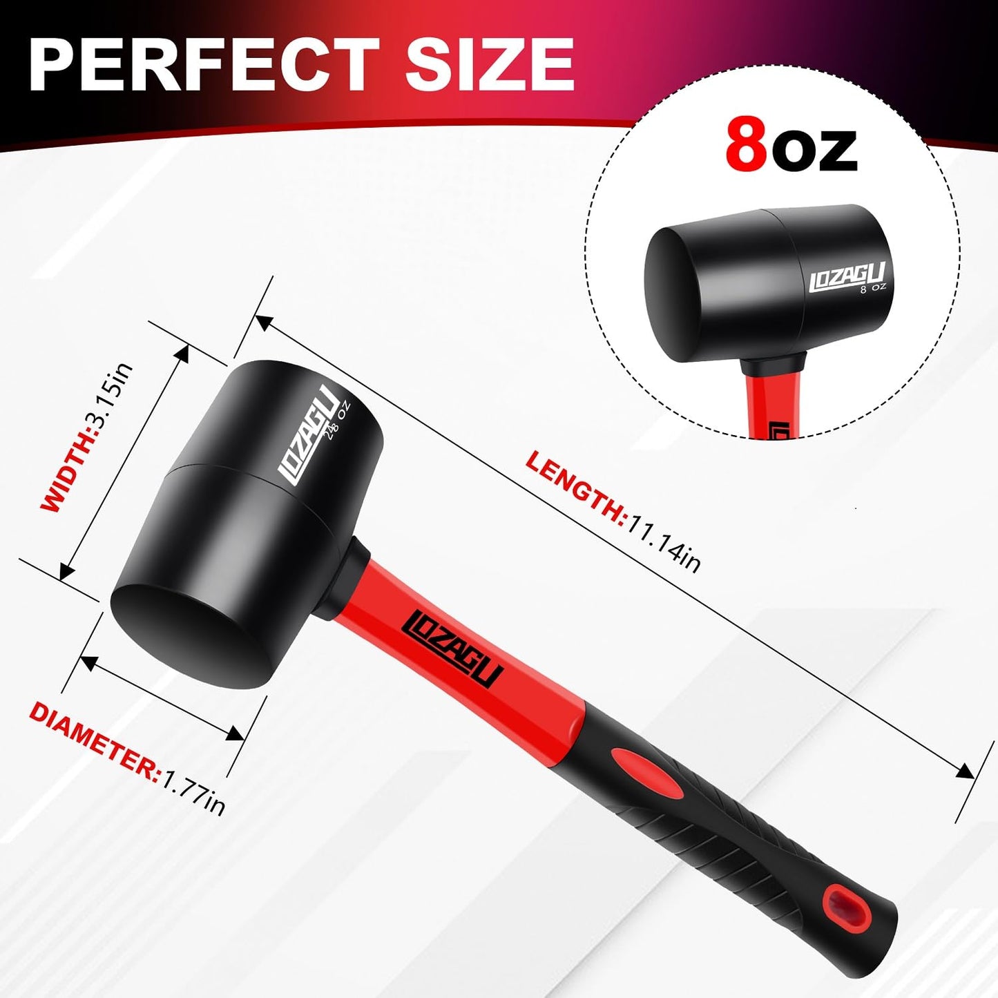 LOZAGU 8oz Rubber Mallet Hammer, Fiberglass Handle, Rubber Mallet for Flooring, Tent Stakes, Woodworking, Camping, Soft Blow Tasks without Damage