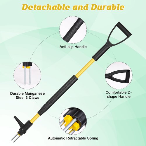 Gbekery 39" Stand Up Weed Puller Tool - Heavy Duty Detachable 3-Claw Weeder with Ergonomic Long D-Handle | Tools for Effortless Garden Weed Removal (Dandelions, Thistles & More)
