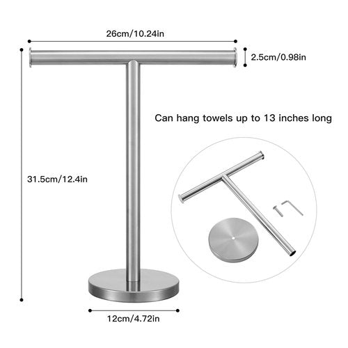 Zitalupy T-Shape Bath Hand Towel Holder Standing, SUS304 Stainless Steel Brushed Nickel T-Shape Towel Bar Rack Stand with Heavy Base, Tower Bar for Bathroom Kitchen & Countertop