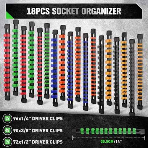 SWANLAKE Socket Organizer Set 18-Piece, 1/4-Inch x 96 Clips, 3/8-Inch x 90 Clips, 1/2-Inch x 72 Clip, Socket Organizer for Tool Box Drawer, Drive Socket Trays, Socket Holder Clip Rail