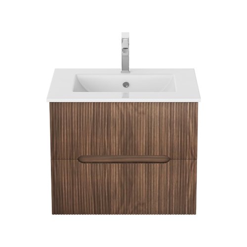 24'' Floating Bathroom Vanity Set, Wall Mounted Bathroom Cabinet with Ceramic Sink, 2 Fluted Drawers & Hidden Handles(Natural)