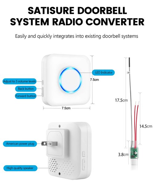 Wireless Doorbell Extender with Receiver Connects to Existing Hardwired Doorbell into Wireless Door Bell with 656 FT Range, 58 Chimes and 5 Volume Levels for Garage/Basement (1 Extender 2 Receiver）