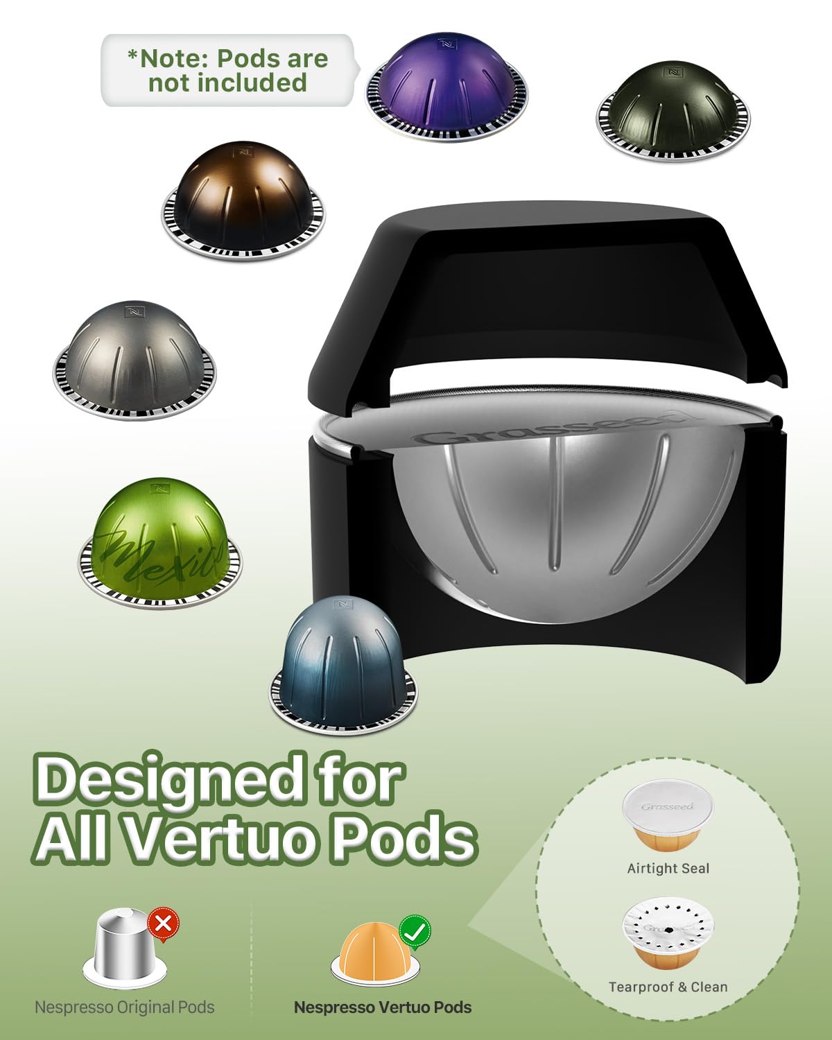 Grasseed Reusable VertuoLine Capsule Kit for Nespresso Pods with 100Pcs Aluminum Foil Seals Lids, Refillable Coffee Pods for VertuoLine to Refill Pods
