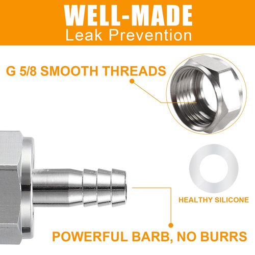 MRbrew Keg Coupler Barb Connector 2Pcs, O.D 5/16'' Beer Line Barb Fittings Homebrew Sankey Couplers Kegerator Parts Brew Hose Line Tailpiece Nipple Fitting with Sealing Washer and G 5/8 Thread Hex Nut