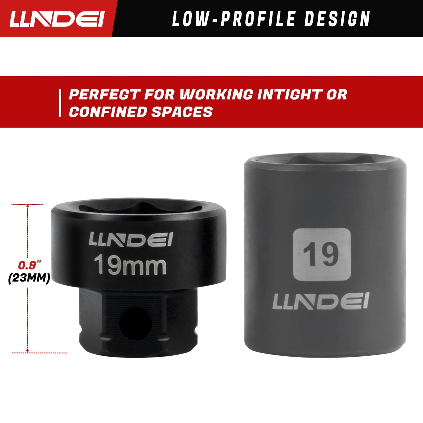 LLNDEI 3/8" Drive Stubby Impact Socket Set Metric 6-19mm, 19-Piece Cr-Mo Nano Socket Set with 2 Extension Bars (6" & 15"), Universal Joint & Ratchet Wrench for Tight Space Access