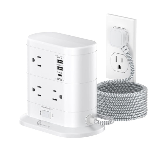 Tower Power Strip with Surge Protection, Flat Plug Power Strip with 7 AC Outlets 3 USB Ports, Tower 1625W/13A 1600J, 6Ft Extension Cord with Multiple Outlets, Office Supplies, Dorm