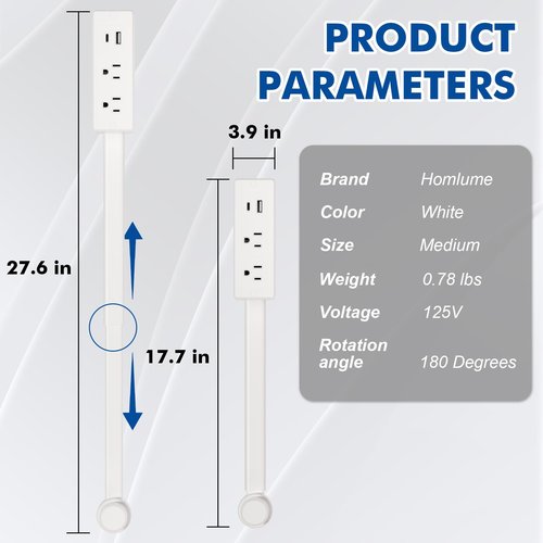 Electrical Outlet Extender Stick with USB-A & USB-C, 2 AC Outlets, 22"-34" Extendable Rotating Outlet Plugs Stick, 180° Rotatable, ETL-Certified, Phone Ledge for Couches, Nightstands, Desks, and More