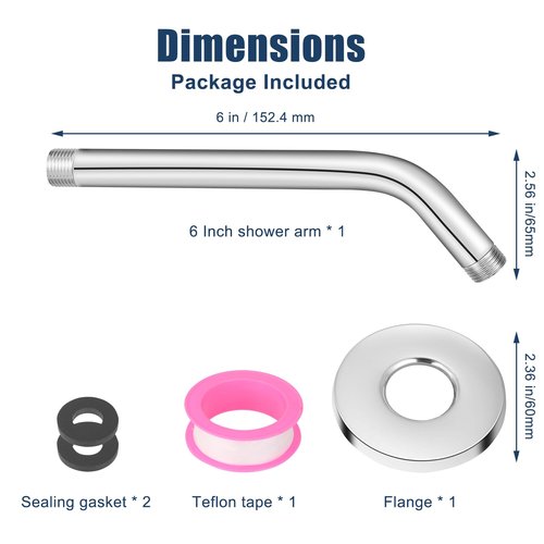 Shower Arm with Flange, 6 Inch Chrome Shower Pipe, Wall Mount Replacement Angle Shower Head Extension Arm for Fixed Shower Head & Handheld Showerhead